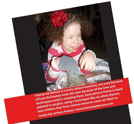 Devora Frames features a child with a red flower in their hair, wearing a striped shirt.
