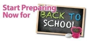 Chalkboard with "BACK TO SCHOOL" and "Start Preparing Now for" text.