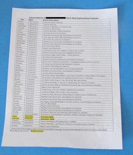 School instructional calendar with dates and descriptions of school events.