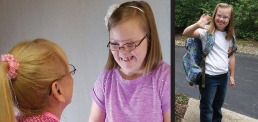 Karen Bowersox and a young girl with Down syndrome, who is wearing a backpack and waving.