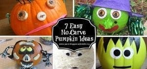 Collage of four no-carve pumpkins decorated as a mummy, a witch, a skeleton, and Frankenstein's monster.