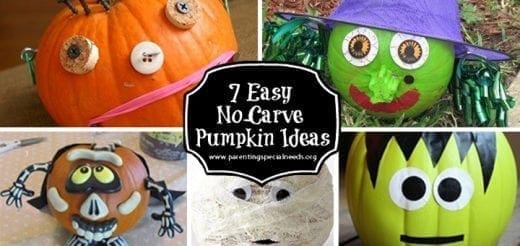 Collage of four no-carve pumpkins decorated as a mummy, a witch, a skeleton, and Frankenstein's monster.
