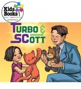 A young boy holds a teddy bear while a young girl holds an orange cat toy.