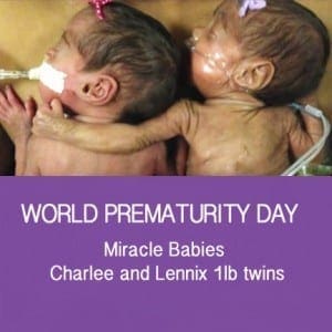 Two tiny premature twins, Charlee and Lennix, with medical tubes, are pictured on World Prematurity Day.