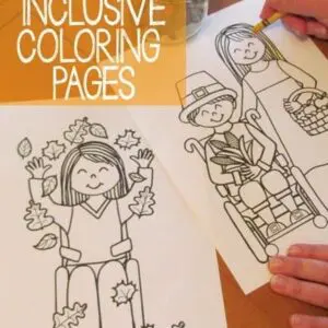 Coloring pages depict children with and without disabilities enjoying autumn activities.