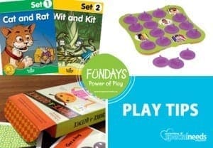 Four images show book sets, a memory game, a board game, and the words "PLAY TIPS.