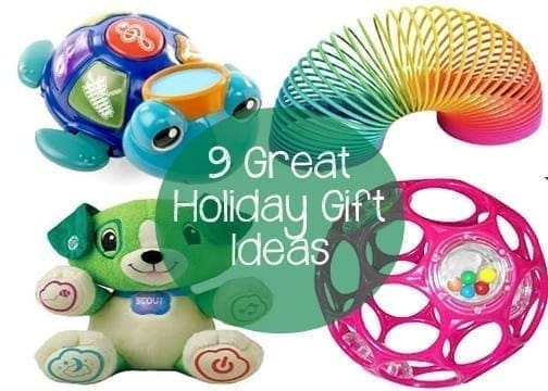 Collection of toys including a musical turtle, stuffed dog, slinky, and ball, with text overlay "9 Great Holiday Gift Ideas".