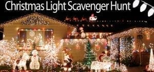 A house covered in Christmas lights with the text "Christmas Light Scavenger Hunt" overlayed.