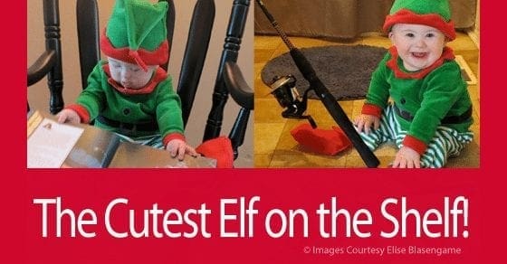 Baby dressed as an elf sits in a chair and on the floor next to a fishing pole.