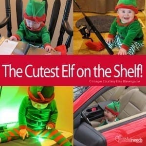 Four images show a baby in an elf costume in different settings.