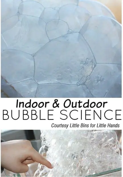 Close-up of frozen bubbles and a child's finger pointing at bubbles.