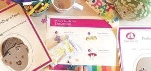 Craft supplies for children's emotional learning, including "Feelings & Faces" and "What's Inside the Empathy Kit" activity sheets.