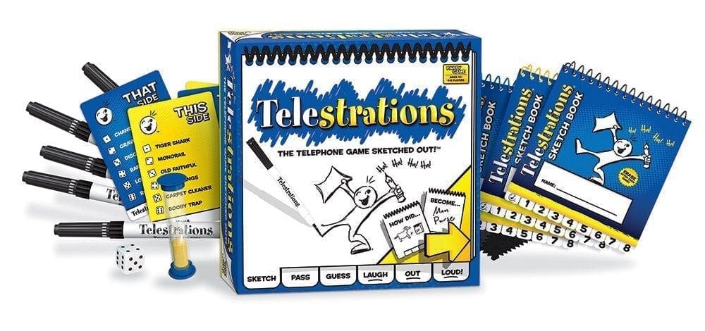 Telestrations game box with sketchbooks, cards, and markers