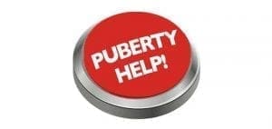 Red button with white text that says "PUBERTY HELP!".
