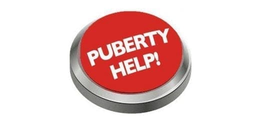 Red button with white text that says "PUBERTY HELP!".