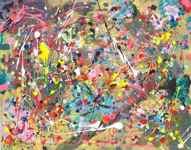 Jackson Pollock painting with colorful paint splatters.