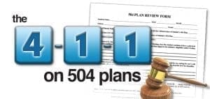 The 4-1-1 on 504 plans" text with a gavel and review form.
