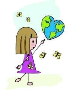 A child points to a heart-shaped Earth with butterflies around her.