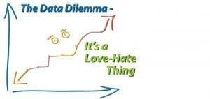 A graph with eyes and the text "The Data Dilemma - It's a Love-Hate Thing