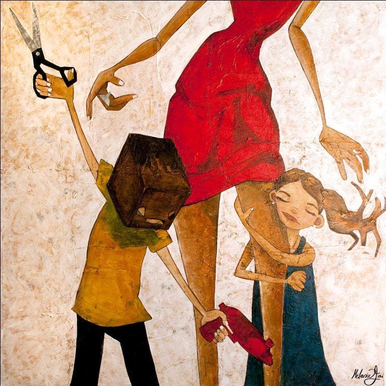 Stylized painting of a woman in red with a boy holding scissors and a girl hugging her leg.
