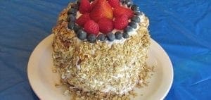 Watermelon cake frosted with whipped topping and decorated with granola, blueberries, raspberries, and strawberries.