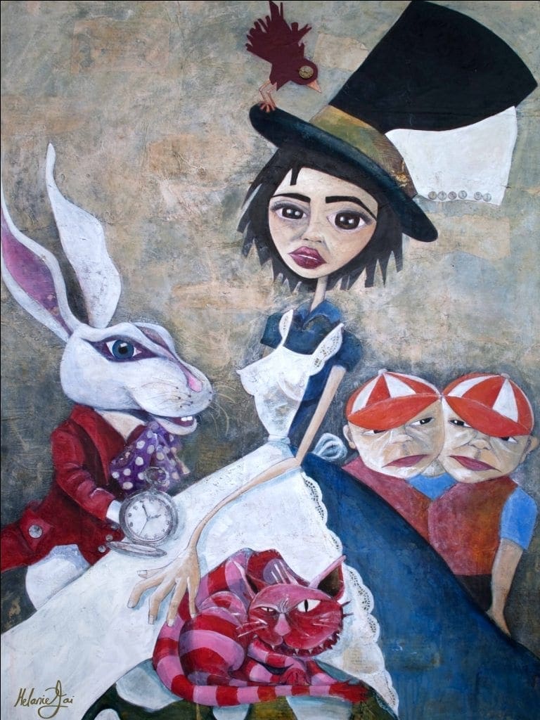 Curiouser & Curiouser painting depicts a stylized Alice, White Rabbit, Cheshire Cat, and twins.