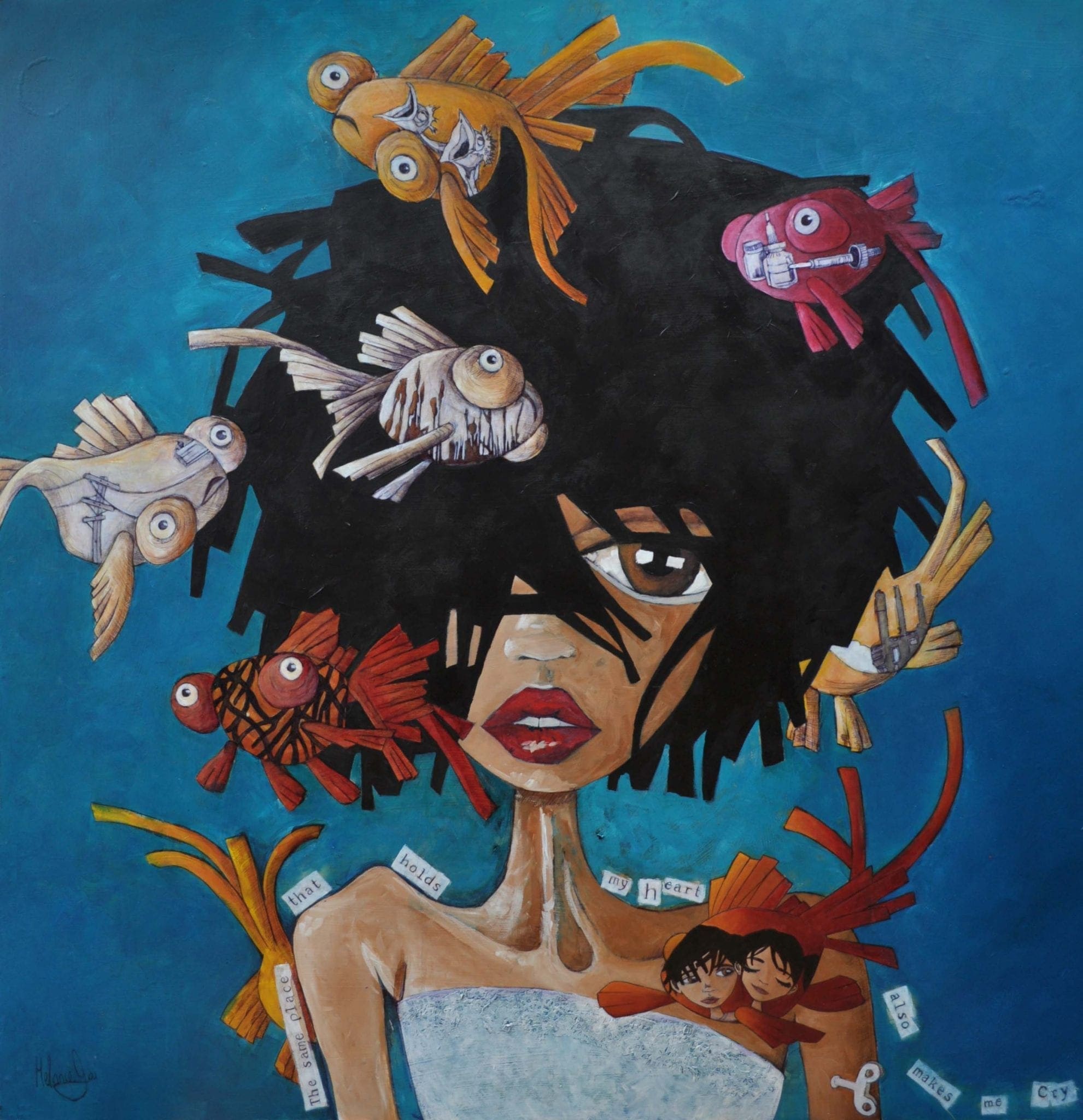 A stylized painting of a woman with her head in the water, surrounded by fish.