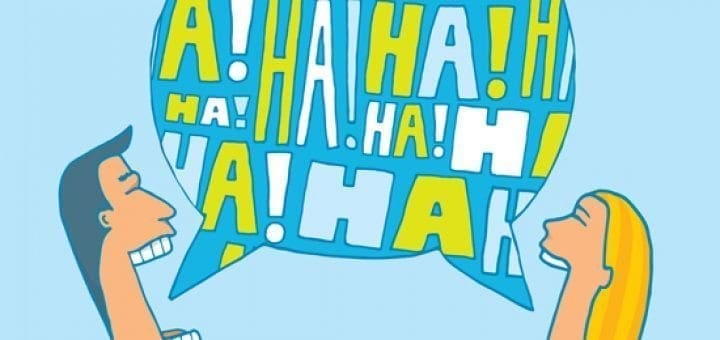 Two people laugh with a speech bubble filled with "HA!