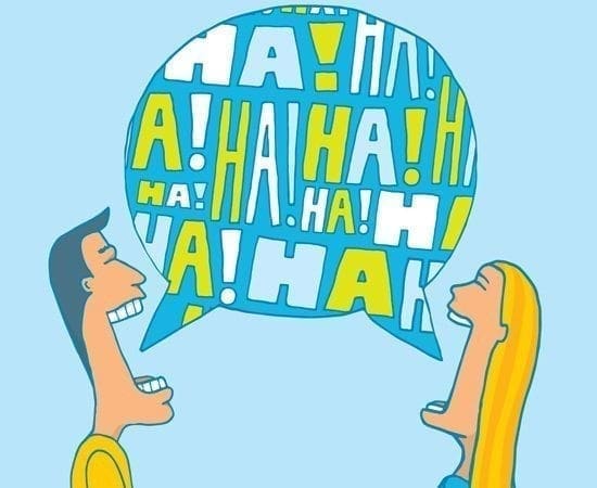 Two people laugh with a speech bubble filled with "HA!