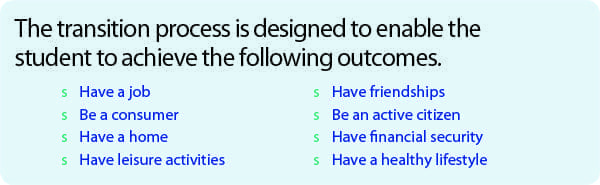 Transition process outcomes include having a job, friendships, consumerism, citizenship, housing, financial security, leisure, and a healthy lifestyle.