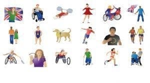 Collection of 18 emojis depicting people with disabilities participating in various activities.