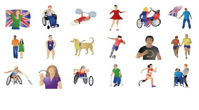 Collection of 18 emojis depicting people with disabilities participating in various activities.