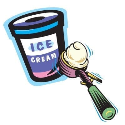Ice cream is scooped from a container with an ice cream scoop.