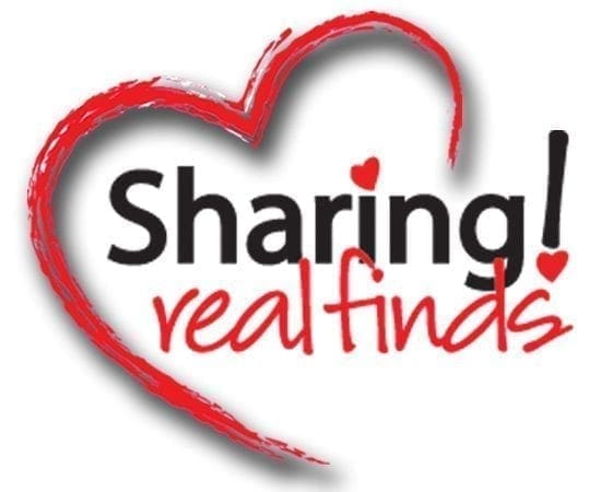 Sharing! real finds logo with a red heart