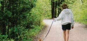 Person in a hoodie walking a dog on a path through a wooded area.
