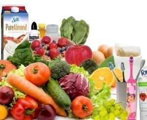 Assortment of fresh produce, dairy, and personal care items on a white background.