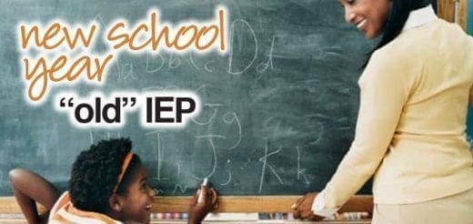 Teacher and student at a chalkboard with text "new school year 'old' IEP