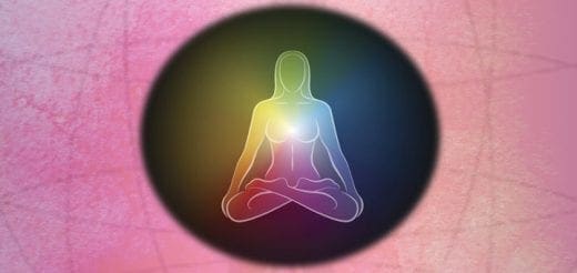 Human silhouette in lotus position with colorful energy field