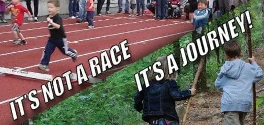 Split image shows children on a racetrack and children on a forest path with text "IT'S NOT A RACE IT'S A JOURNEY!