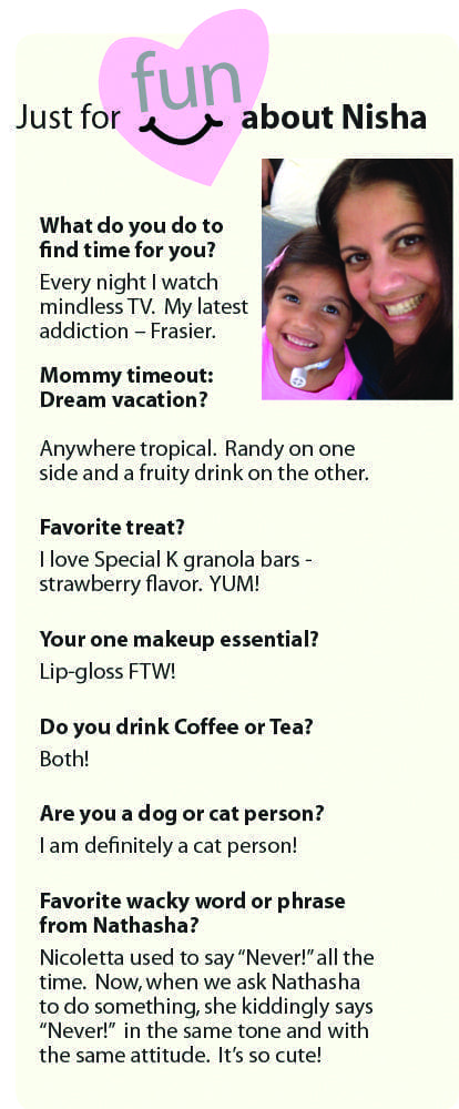 Nisha and a child smile in a selfie, next to a list of questions about Nisha.
