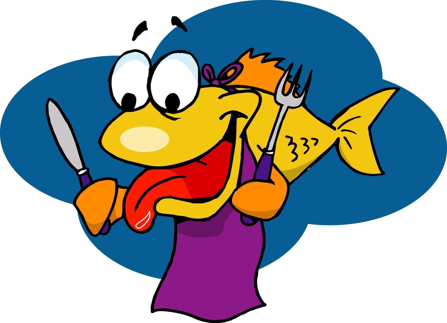 Cartoon fish holding a knife and fork, ready to eat.