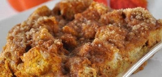 Slice of pumpkin french toast bake on a white plate
