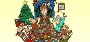 A cartoon family gathers around a table laden with food and gifts near a Christmas tree.