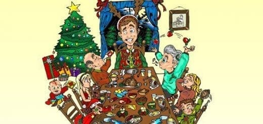 A cartoon family gathers around a table laden with food and gifts near a Christmas tree.