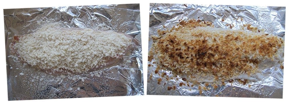 Two breaded fish fillets on foil, one before and one after baking.