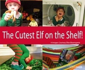 Collage of four photos of a child dressed as an elf, with the text "The Cutest Elf on the Shelf!