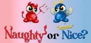A red devil and blue angel with the words "Naughty or Nice?