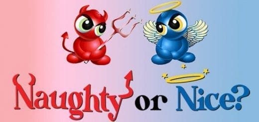 A red devil and blue angel with the words "Naughty or Nice?