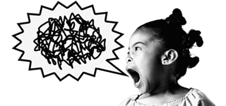 A young child with an angry expression shouts into a speech bubble containing scribbled lines.