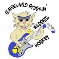 Cleveland Rockin' Wildcats Hockey logo with a cat playing guitar.